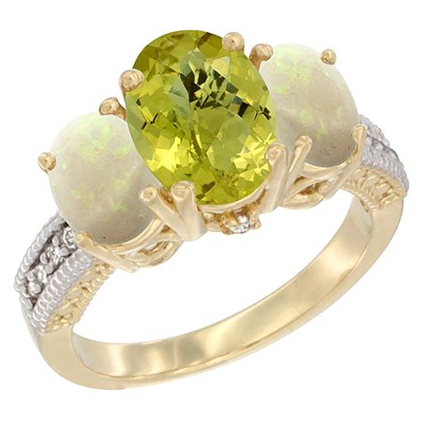 10K Yellow Gold Diamond Natural Lemon Quartz Ring 3-Stone Oval 8x6mm with Opal, sizes5-10 ...