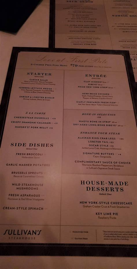 Menu at Sullivan's Steakhouse, Indianapolis, E 86th St