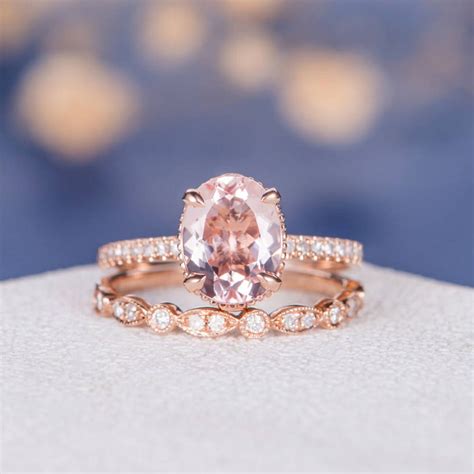 Pink Morganite Ring Set Engagement Ring Rose Gold Bridal Set - Etsy