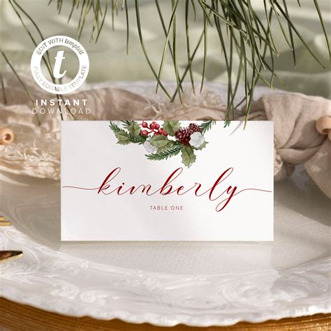 Christmas Place Card Template, Holiday Seating Card, Winter Wedding Name Card Printable, Instant ...