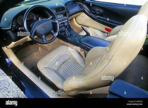 Car, Chevrolet Corvette Convertible, model year 1998-, blue, interior view, Interior view, seats ...