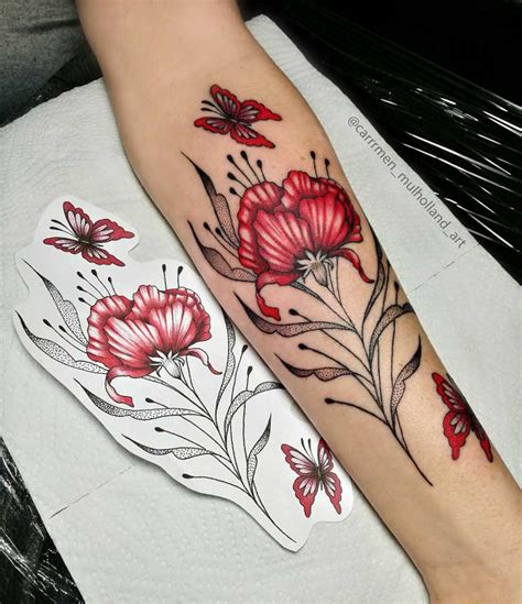 Single Red Poppy and Butterflies Forearm Tattoo - Carmen Mulholland Art