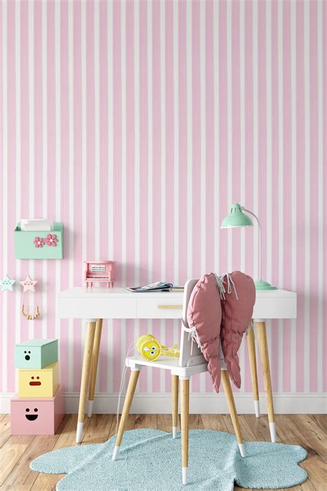 Light Pink Striped Wallpaper for Girls Room, Nursery Wall Art, Pink ...