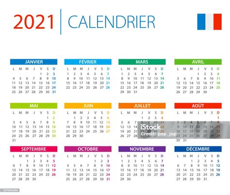 Calendrier 2021 France Illustration De Vecteur De Couleur Français Version Linguistique Vecteurs ...