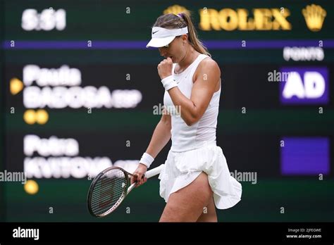 Paula Badosa reacts during day six of the 2022 Wimbledon Championships at the All England Lawn ...