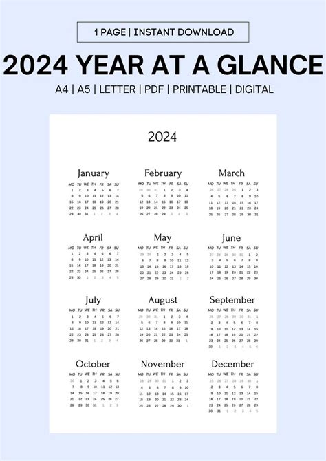 2024 Wall Calendar, Year at a Glance, 2024 Calendar, Minimal 2024 Year at a Glance Calendar, A4 ...