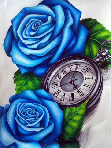 Blue Roses And Clock Tattoo Design 3d Rose Tattoo, Pink Flower Tattoos, Lotus Flower Tattoo ...