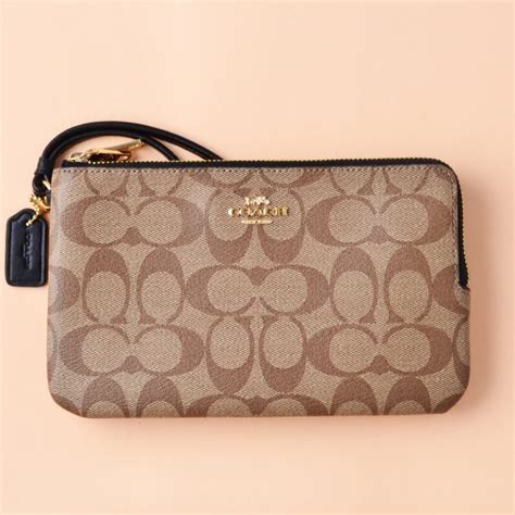 Coach Double Zip Wallet Signature Khaki Black - Averand