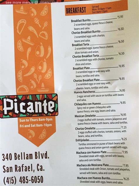 Menu at Picante restaurant, San Rafael