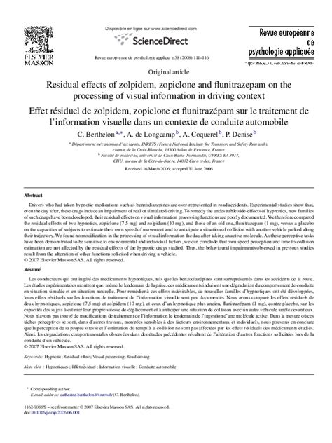 (PDF) Residual effects of zolpidem, zopiclone and flunitrazepam on the processing of visual ...