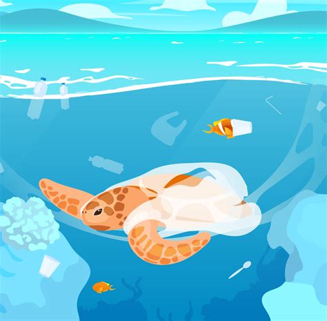 Turtle trapped in plastic garbage flat vector illustration. Sea pollution problem. Ecological ...