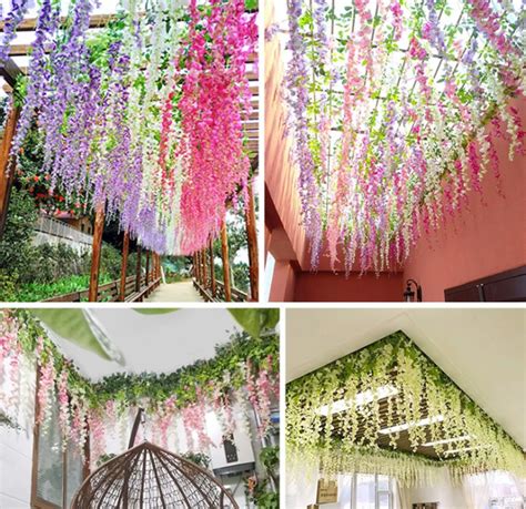 Artificial Flowers Silk Ceiling White Wisteria Vine Ratta Upgraded Silk Hanging Flower Pink ...