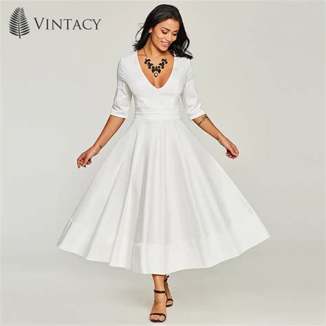 Women Elegant White Dresses Deep V Neck Expansion A line Evening Party ...