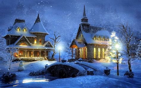 Download Night Snowfall Church Bridge Snowman Snow Winter Artistic Painting HD Wallpaper