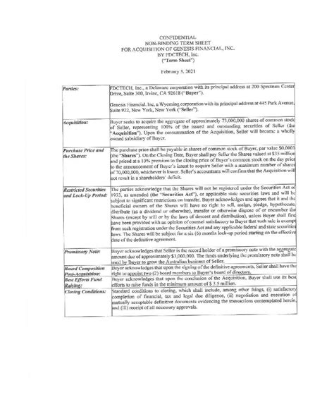 Non-Binding Term Sheet dated February 3, 2021 between the Company ...