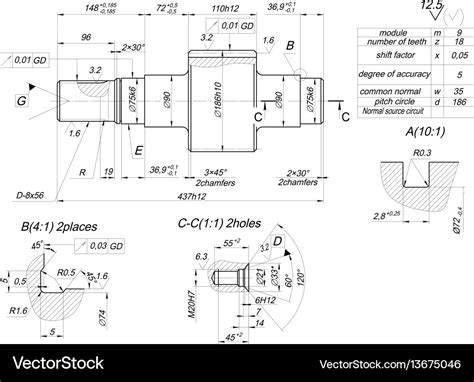 Shaft sketch with hatching engineering drawing Vector Image