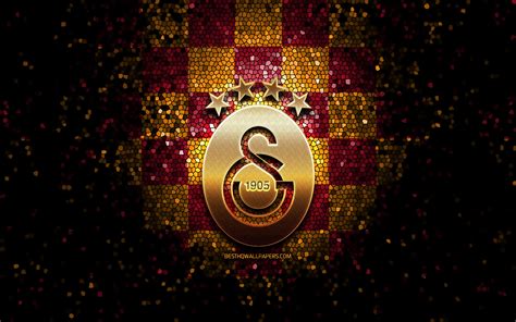 Download wallpapers Galatasaray FC, glitter logo, Turkish Super League, purple yellow checkered ...