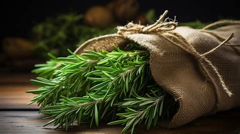 Premium AI Image | a bundle of fresh rosemary leaves on a table.