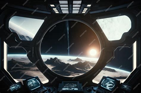 Premium Photo | Spaceship dark interior with view on distant planets ...