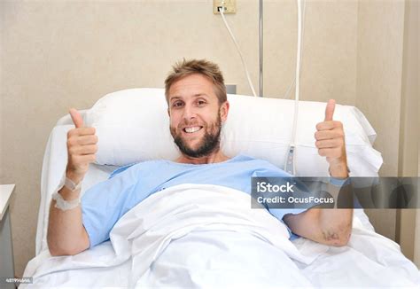 Happy Man In Bed Hospital Room Ill Giving Thumbs Up Stock Photo - Download Image Now - iStock