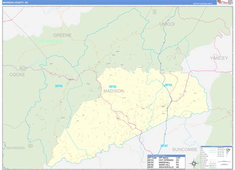 Madison County, NC Zip Code Wall Map Basic Style by MarketMAPS