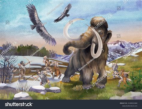 Watercolor Scene Cavemen Hunting On Mammoths Stock Illustration ...