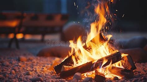 Bonfire at Dusk with Wooden Benches and Gravel Fire Pit Campfire at a ...