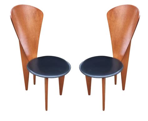 Mid Century Italian Post Modern Wood & Black Leather Dining Chairs Set