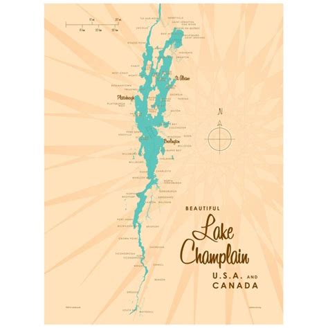 Lake Champlain New York Map Vintage-Style Art Print by Lakebound (18" x ...