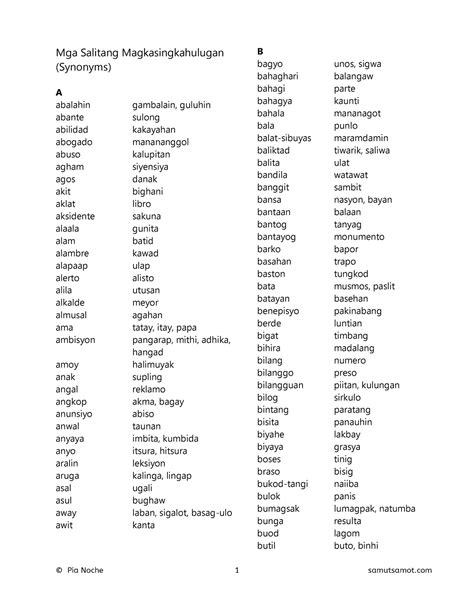 Filipino-synonym-pairs - Mga Salitang Magkasingkahulugan (Synonyms) A ...