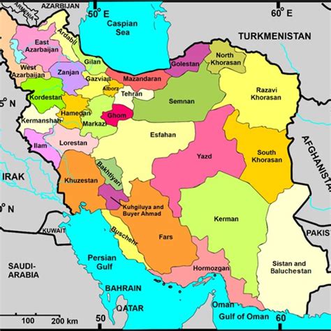 Map of Iran showing the provinces By size and population, Iran is ...