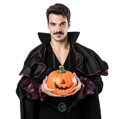 Guy In Count Draculas Halloween Costume Is Holding A Carved Pumpkin In ...