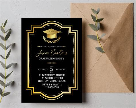 Graduation Party Invitation, Grad Invites, Black and Gold Graduation Party, Graduation ...