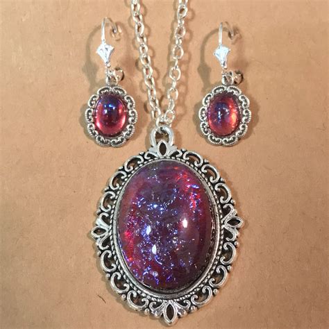 Large Opal Necklace~Mexican Fire Opal~Glass Pendant~opal earrings~Red ...