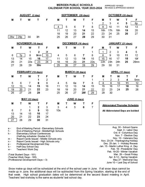 Meriden Public Schools Calendar 2023-2024 in PDF