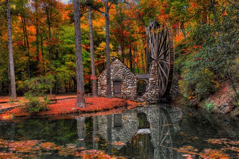 Autumn trees mill walk park alley water mill forest leaves reflection h wallpaper | 1920x1279 ...