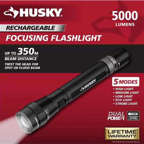 Husky 5000 Lumens Dual Power LED Rechargeable Focusing Flashlight with Rechargeable Battery and ...