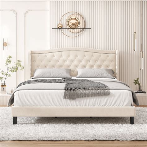 Homfa King Size Platform Bed Frame with Modern Wing-Back Button Tufted ...