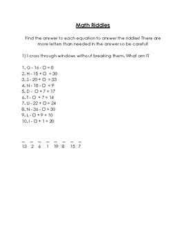 Algebra Math Riddles Addition and Subtraction by Karen's Creations