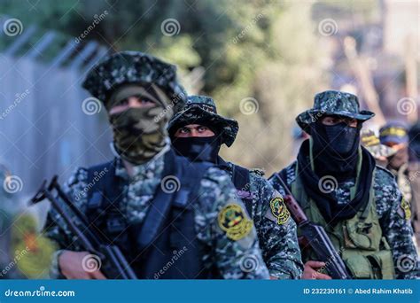 Members of Al-Quds Brigade, the Military Wing of the Islamic Jihad Movement in Palestine, during ...