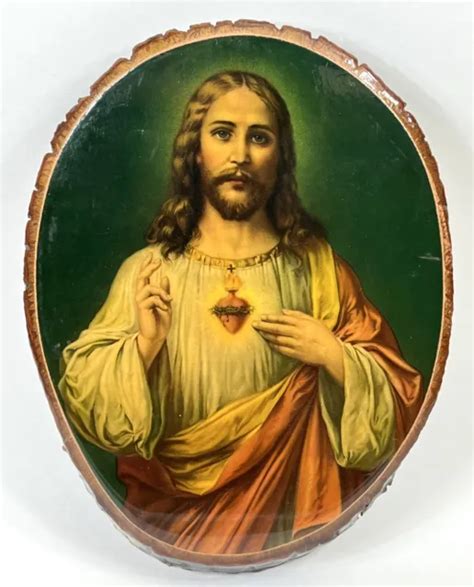 VINTAGE LACQUERED SACRED Heart Jesus Christ Wood Slice Wall Art Plaque ...