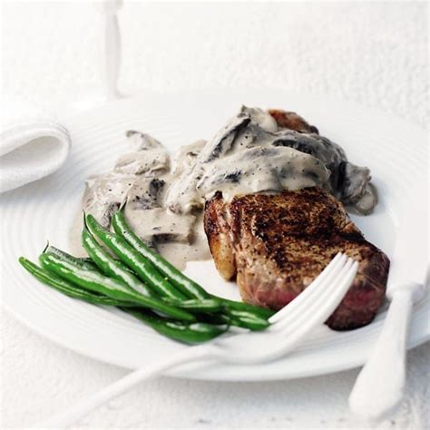 Rump steak with mushroom and peppercorn sauce recipe | delicious. magazine