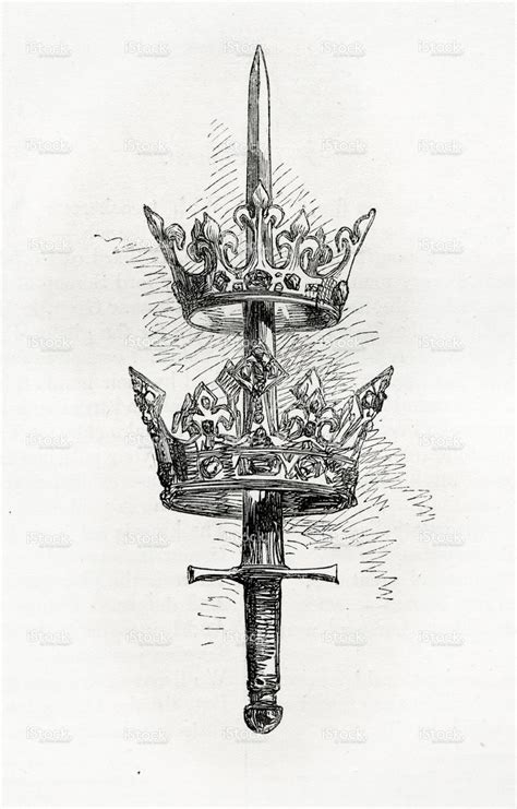 Vintage engraving of a sword and crowns. Engraving from 1858 photo by... | Crown tattoo, Sword ...