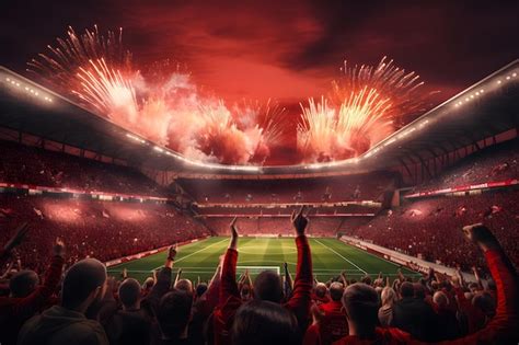 Premium Photo | Football soccer field stadium at night and fireworks AI ...