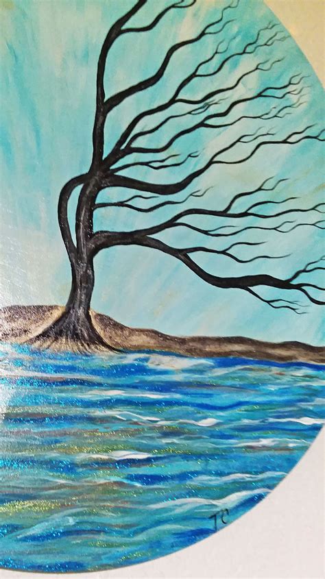 Windswept Tree Painting Wind Swept Tree Art Ocean Waves | Etsy