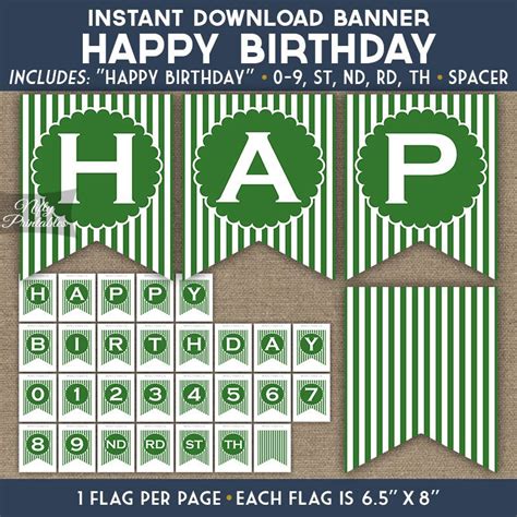 Happy Birthday Banner - Green White Stripe - Nifty Printables | Happy birthday banners, Birthday ...