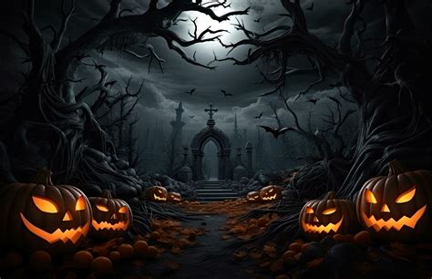 Spooky background for Halloween with twisted trees, Jack o lanterns and bats flying in the sky ...