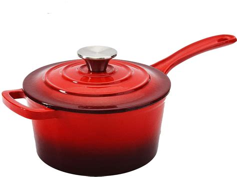 2 Quart Enamel Coated Cast Iron Round Sauce Pan with Lid, Red-Ideal to ...