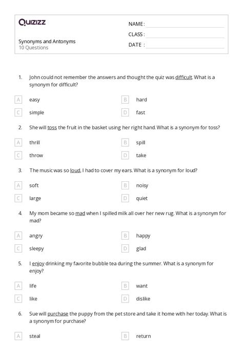 50+ Synonyms and Antonyms worksheets for 3rd Grade on Quizizz | Free & Printable