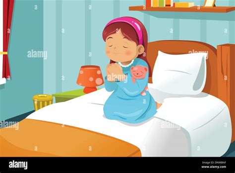 A vector illustration cute little girl praying before going to bed Stock Vector Art ...